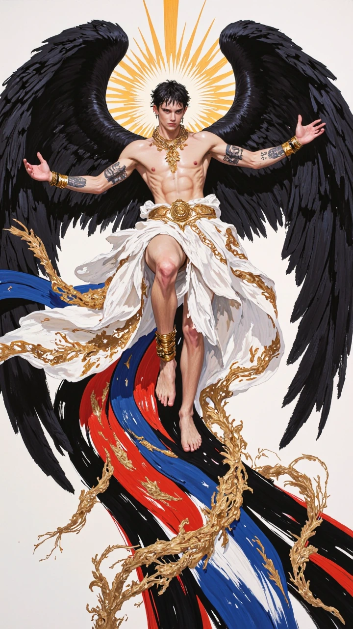 A highly stylized, dramatic baroque-meets-modern painting of a powerful winged angelic/mythic figure in a dynamic stepping-forward pose (one leg bent, one extended), muscular tattooed arms, well-defined torso adorned with intricate gold jewelry (chai