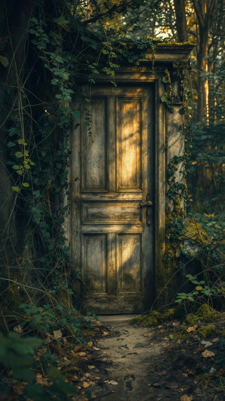 An ornate wooden door half-buried in overgrown vines and moss, set deep within a shadowed forest, with a single shaft of golden afternoon light cuttin