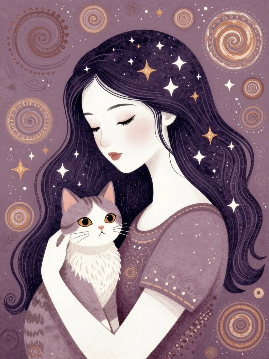 Beautiful woman and cat, whimsical folk art, starry night hair, detailed background with swirls and designs, mauve and bronze
