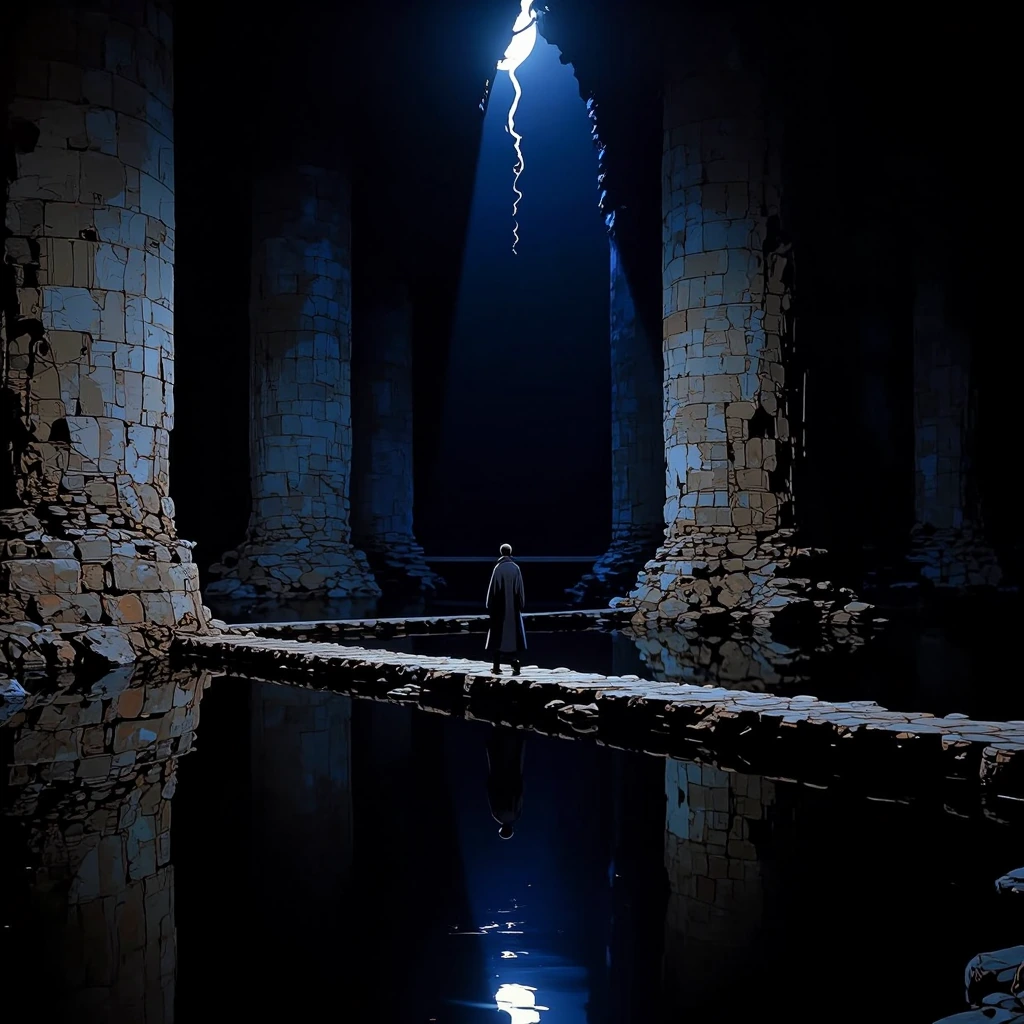 Cinematic shot. A solitary figure in a long dark coat walking along a narrow stone bridge over a completely still, black reflective lake inside a vast