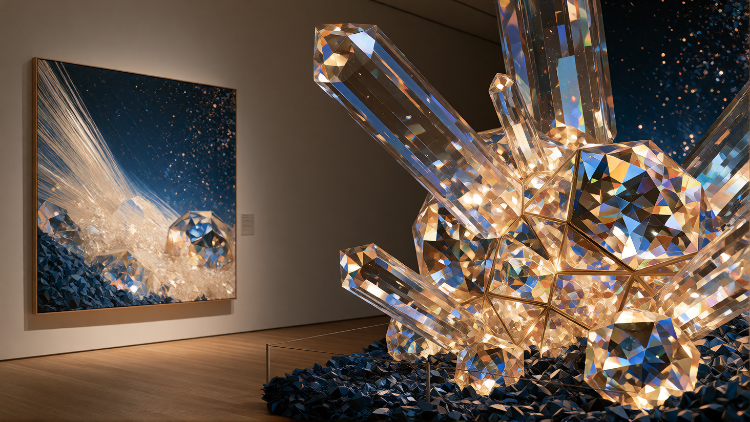 Modern Art Gallery background; Theme - Geometric Crystal Sculptures and paintings. Colour Theme: Blue & Gold