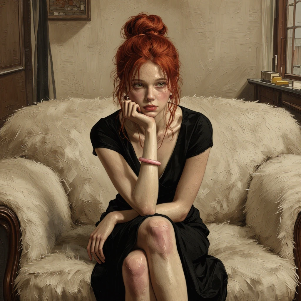 Bradhamel art style. In this arresting cinematic still, a young woman with fiery ginger hair pinned high in an elegant bun sits poised on a plush, fea