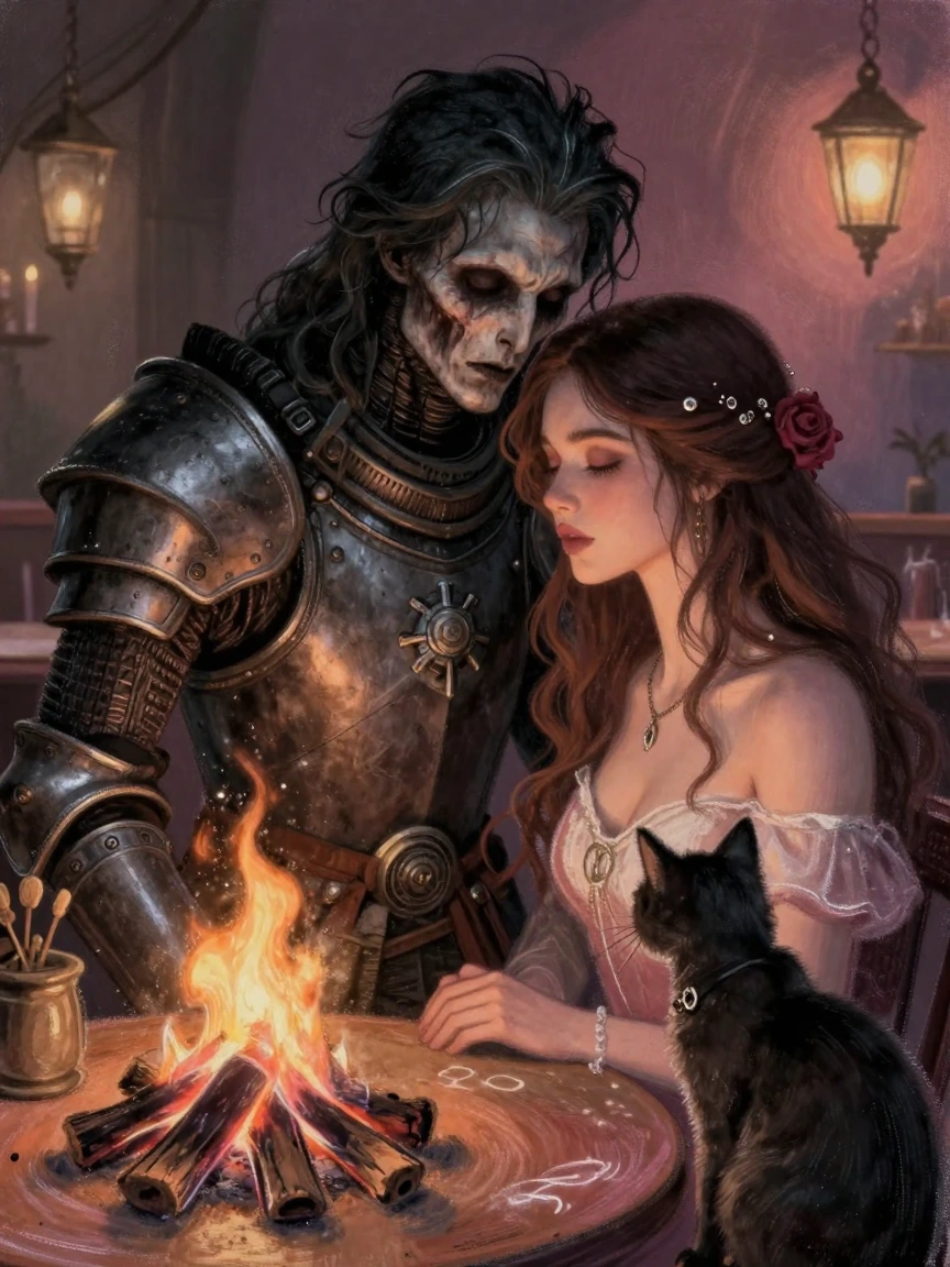 Eerie but handsome (lol) Undead knight with a beautiful woman close up at a café, near bonfire, medieval decor, sci-fi tech plus dark soul style blended, with a cat