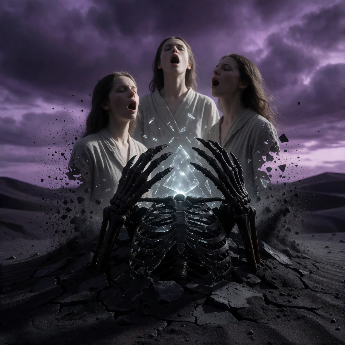 Obsidian wasteland beneath bruised purple sky, black sand fused to glass where a shattered cathedral skeleton claws upward from dunes. Translucent choir figures in ash-grey linen dissolve into black diamond dust, mouths open in silent screams that wa