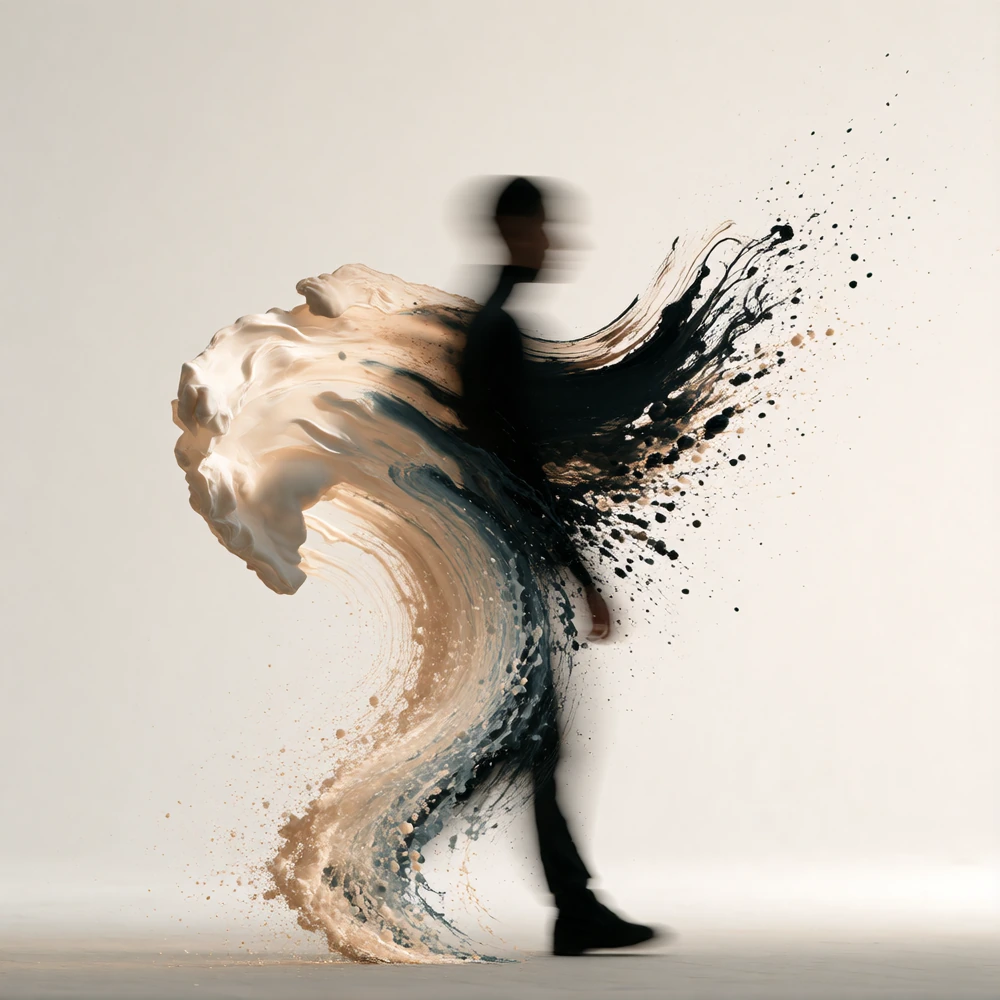 Centered long exposure of a figure walking through a minimal white space, their silhouette sharp and still while their movement trails dissolve into soft loose ink brushstrokes suspended in the air behind them, even diffused studio light, monochrome 