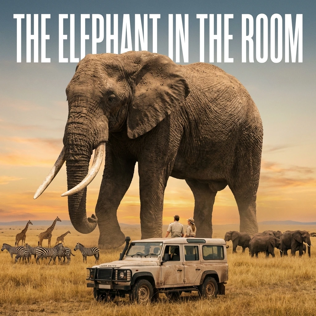 African savannah many different animals, a jeep with a Caucasian couple driving through it and a single Bull Elephant who is a giant (at least 100 feet tall) . The Bull Elephant towers over everything, nearby animals and the Jeep provide scale to sho
