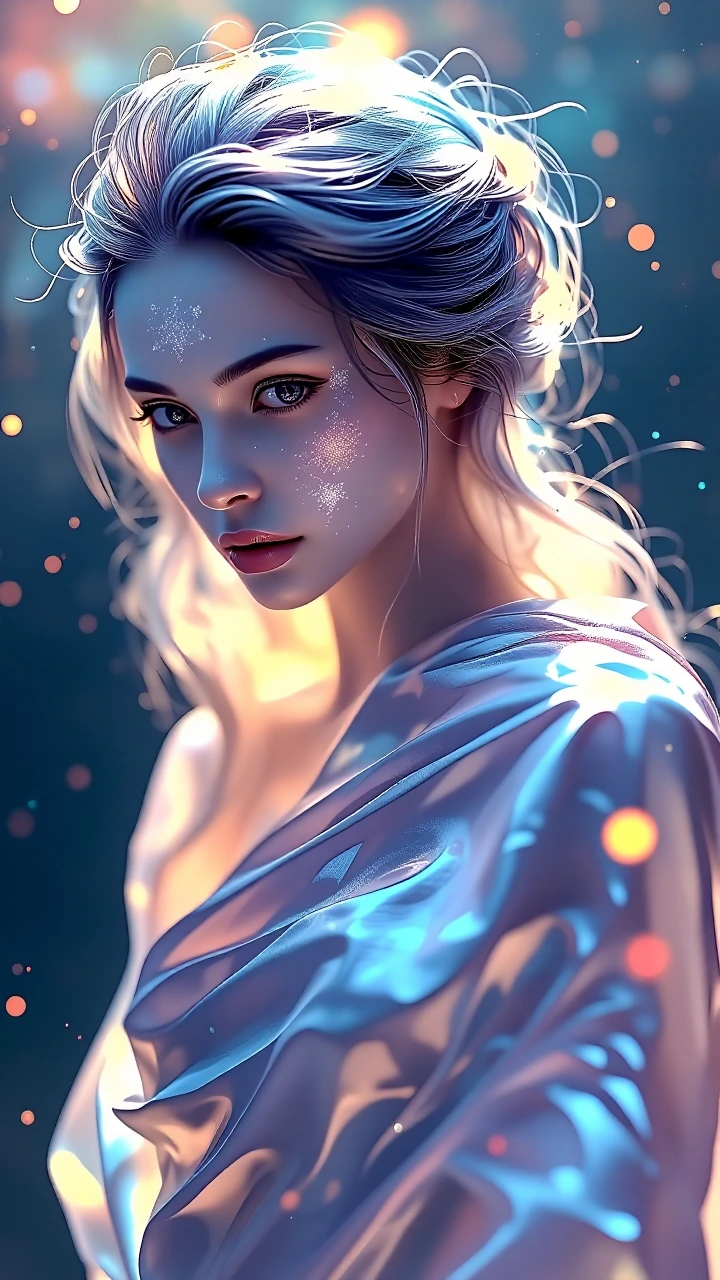 An otherworldly feminine deity rendered in luminous soft-focus photography, her translucent pale skin catching celestial light with subsurface scatter