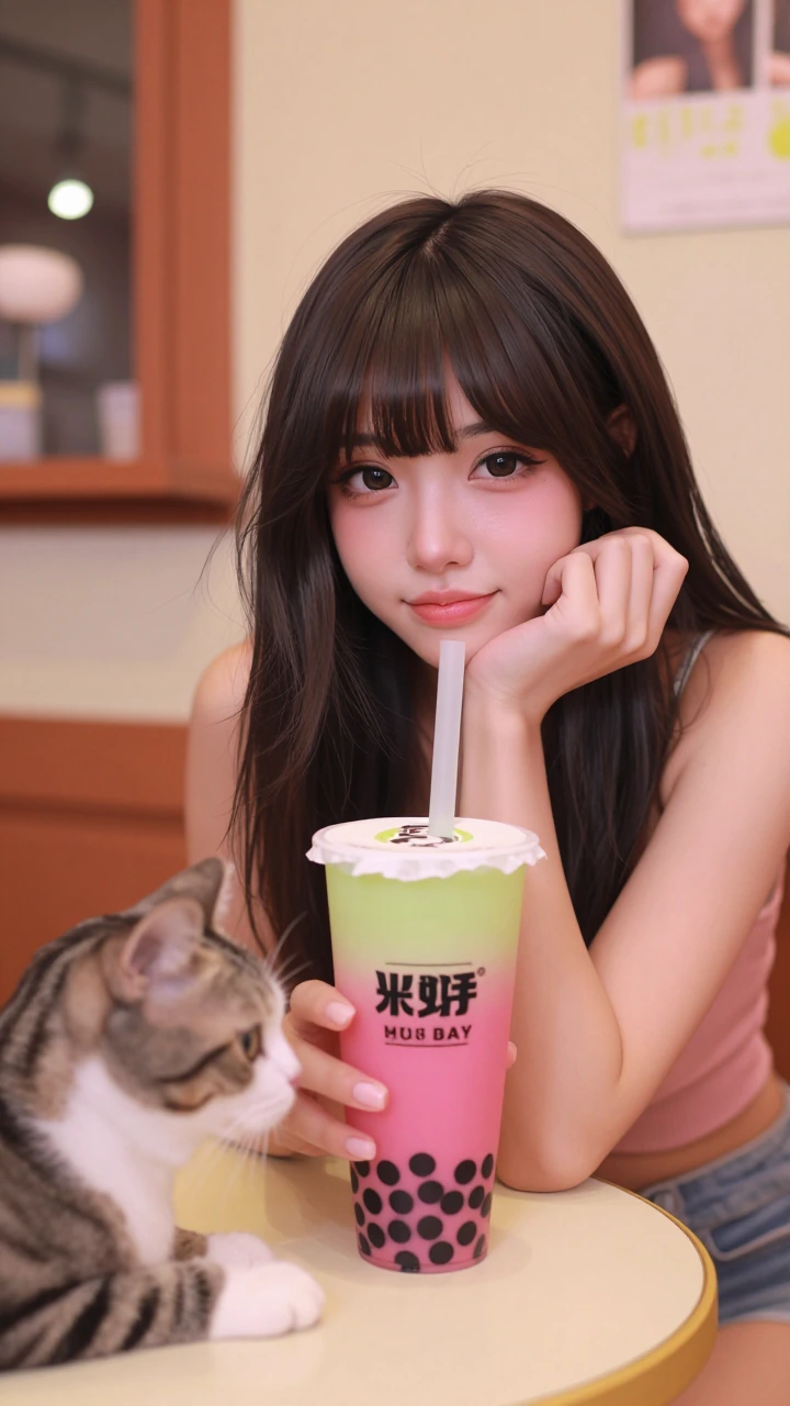 Cute woman, very colorful, with colorful Boba drink. Cat somewhere nearby. Certainly you can find someplace to put it. Whatever you think will do.😂🐾👋
