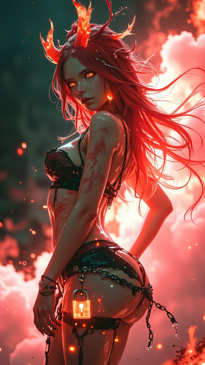 Masterpiece, best quality, ultra-detailed digital illustration, highly polished rendering, sharp clean lines, beautiful stylized proportions. Ifrit, seductive fire demon form. She has long wild crimson red hair with living flame tips, subtle curved h