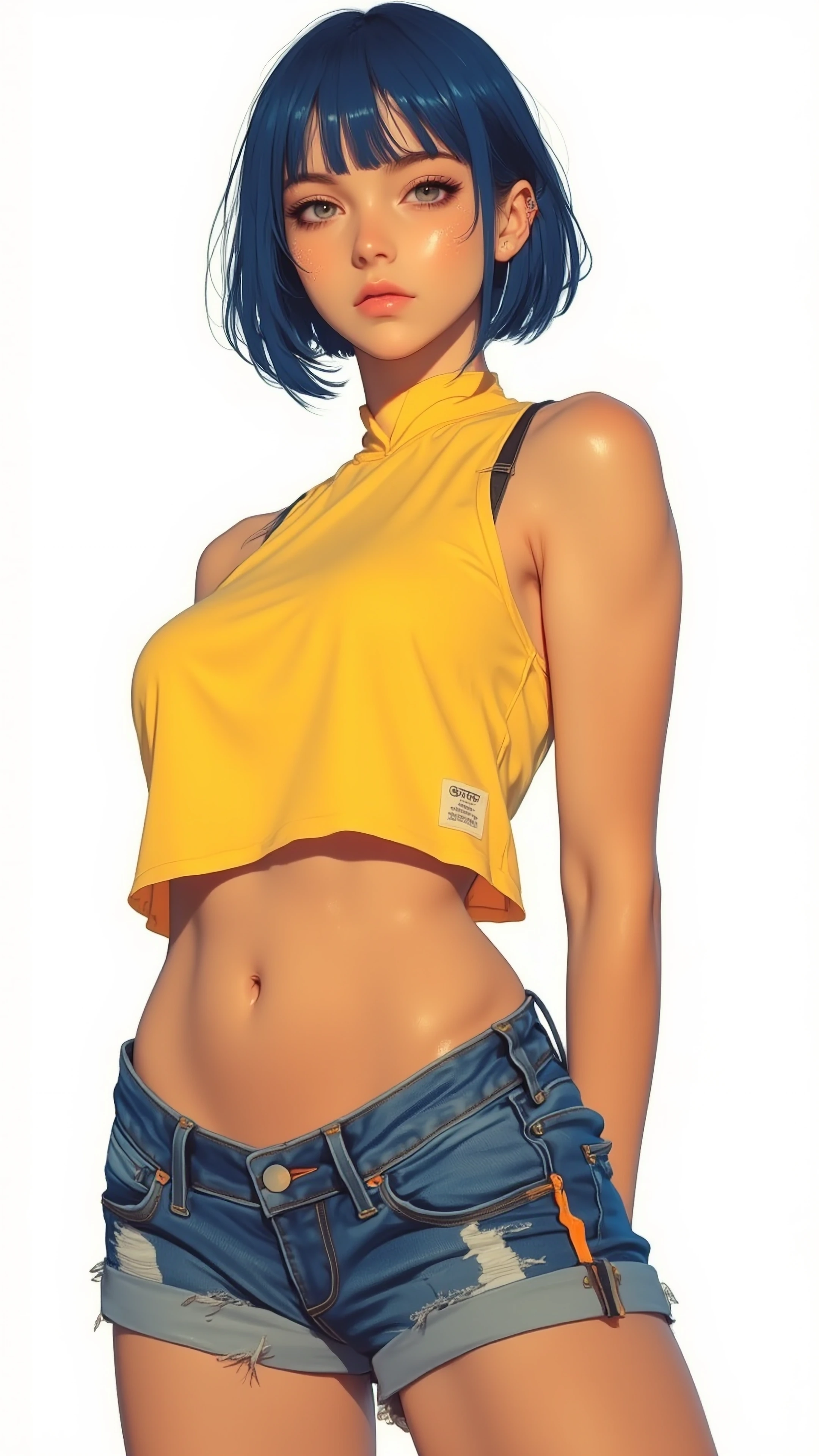 Estilizada ilustración digital anime de una joven mujer de cuerpo esbelto, plano medio a 3/4, pose relajada y segura con ambas manos detrás de la cabeza, brazos tonificados y abdomen visible; cabello corto azul oscuro con flequillo enmarcando el rost