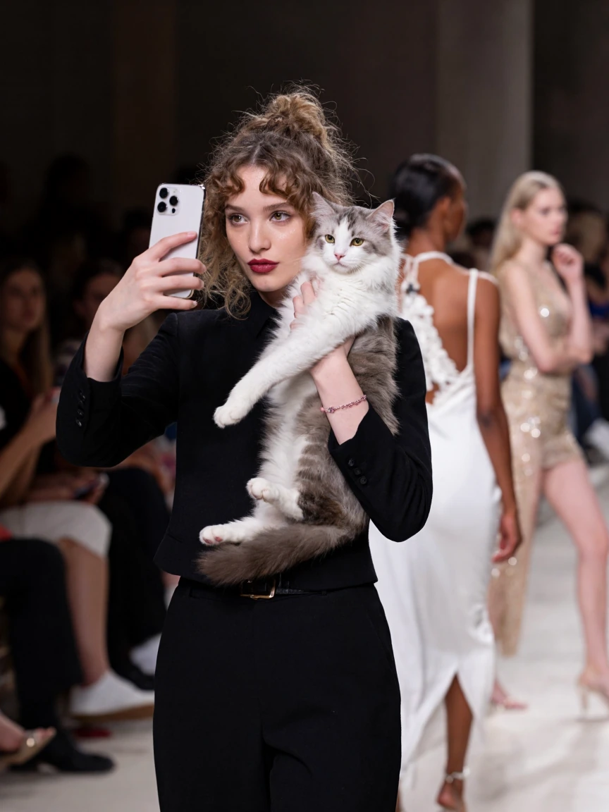 Crazy girlfriend, taking a selfie with her cat while walking the runway in Paris