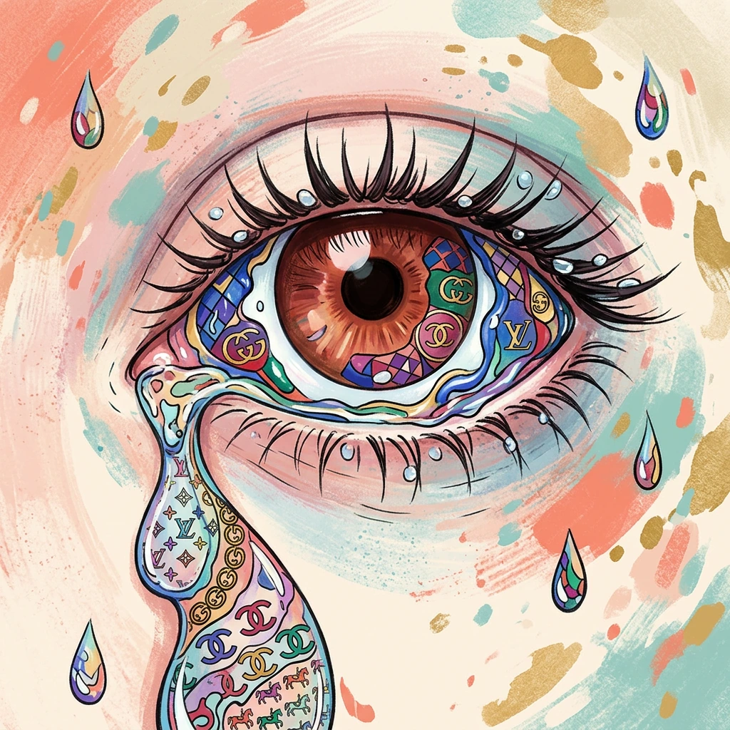 illustration style whimsical close up of eye crying, but the water filling the eye and dripping down has man different luxury brand pattern inside of it, color scheme