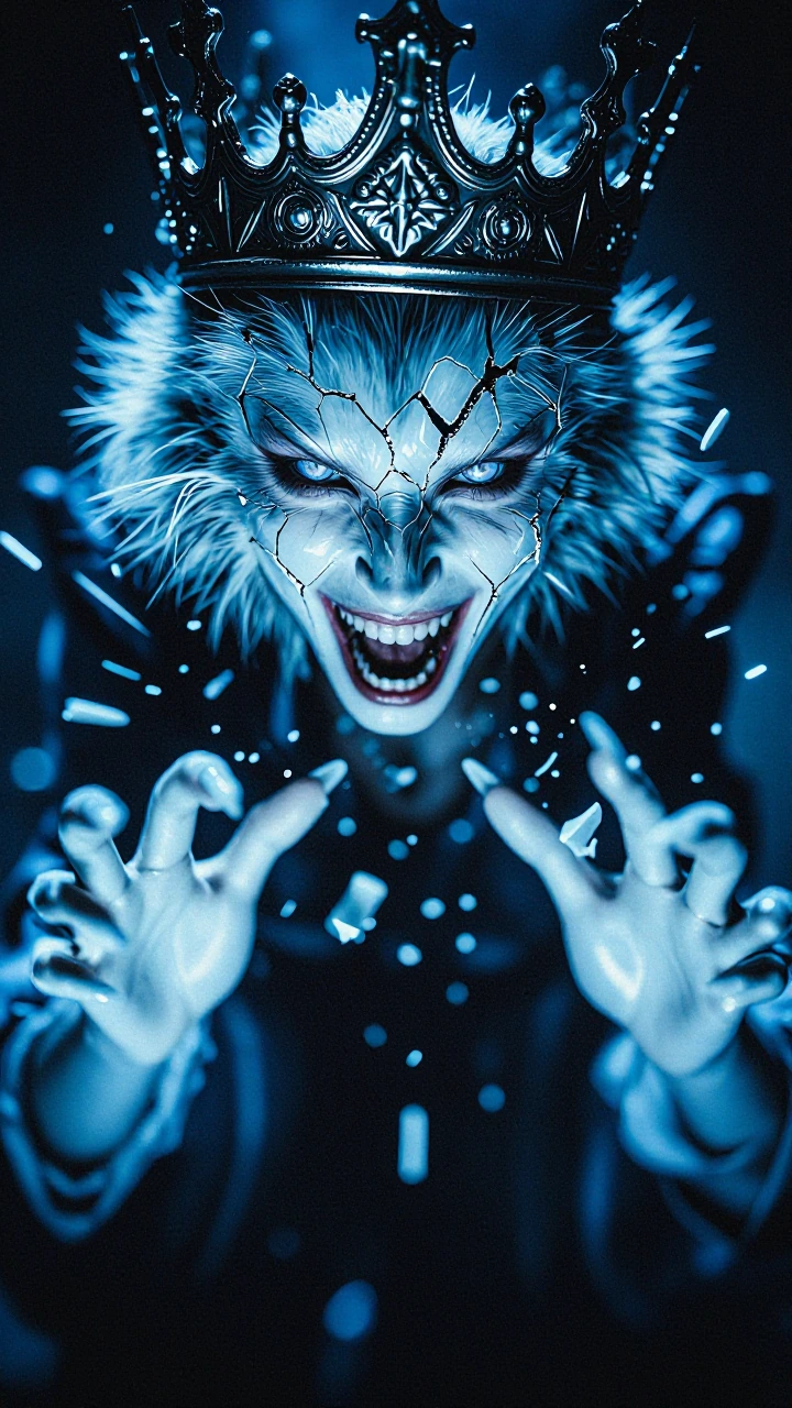 In a dramatic, first-person view, the beautiful, luminescent blue porcelain-skinned vampire from the image begins to transform into a fearsome werewolf. Her intricate, metallic crown remains as her defining feature, but cracks begin to form on her po