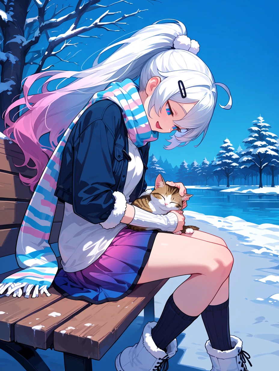 masterpiece, best quality, absurdres, 1girl, solo, Hi3Pack12, Wnt_Kia, kiana kaslana, white hair, long hair, high ponytail, ahoge, blue eyes, symbol-shaped pupils, gradient hair, pink pupils, duffel jacket, cropped jacket, dark blue jacket, dark blue