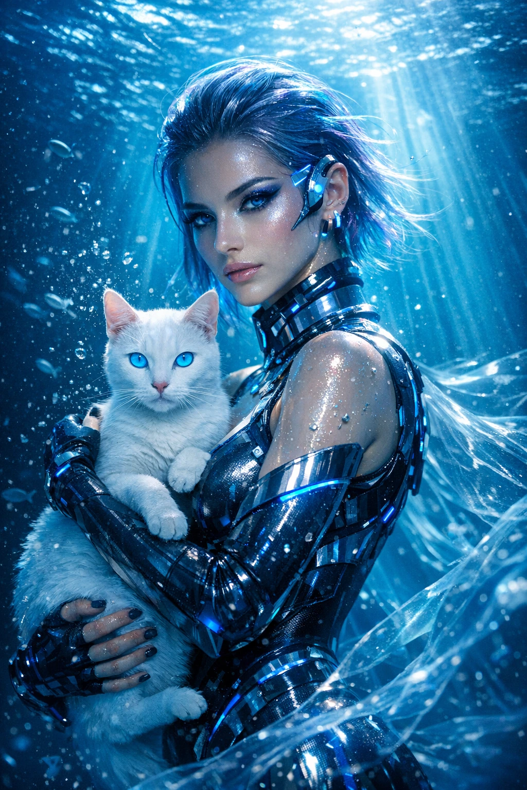 futuristic woman with a cat, surreal neon aesthetic, bright and edgy style, cinematic black backdrop, hyperreal 3D render
