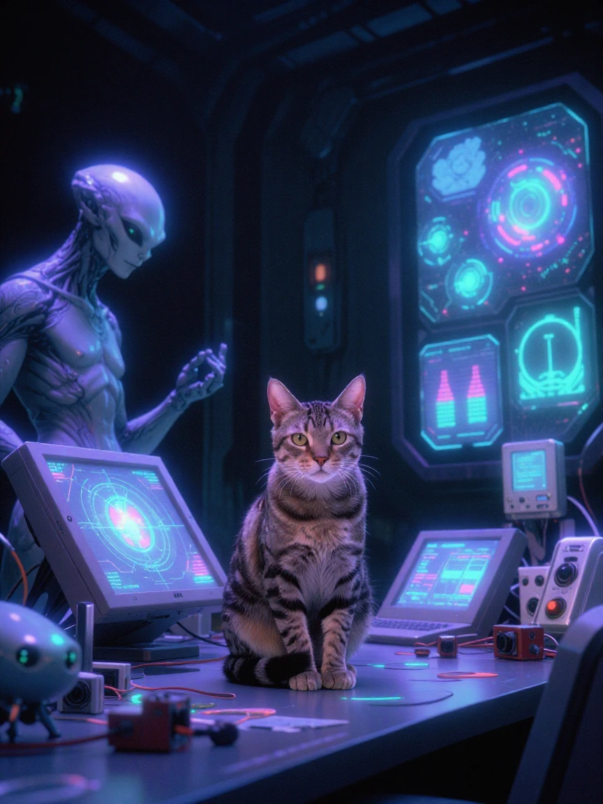 Area 51 secret revealed — a sleek futuristic control room with glowing holographic panels and alien technology scattered across desks, cinematic lighting with deep blues and electric purples, a calm tabby cat sitting perfectly centered on a console s