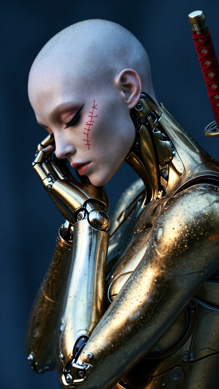a side profile of a cybernetic warrior with a pale, human face and closed eyes, resting her chin on her hand. her body and head are encased in detailed chrome and gold metallic robotic plating, covered with tiny gold speckles. her cheek has red stitc
