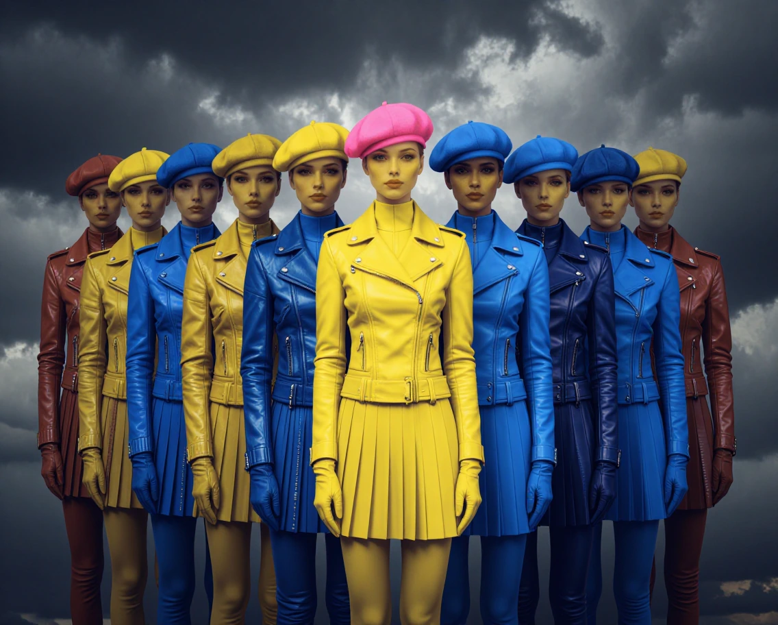 Surreal symmetrical lineup of figures wearing leather jackets and caps, arranged in a precise formation. Alternating face colors of yellow and blue create a rhythmic pattern. At the center stands a distinct figure in a bright yellow outfit with a ple