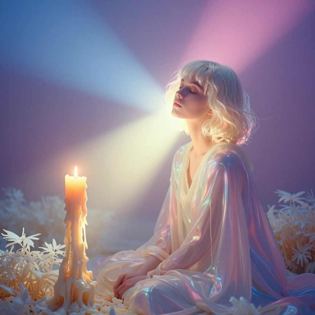 Serene, ethereal portrait of a young woman illuminated by a beam of soft, multicolored light cascading diagonally across the composition. Her short, s
