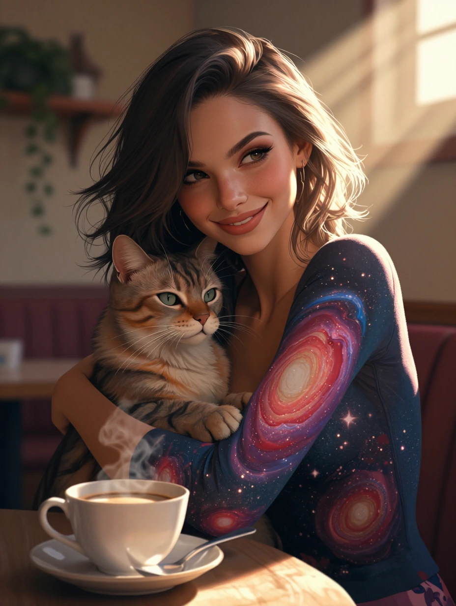 beautiful smiling woman with cat, galaxy design, coffee, morning light, realistic