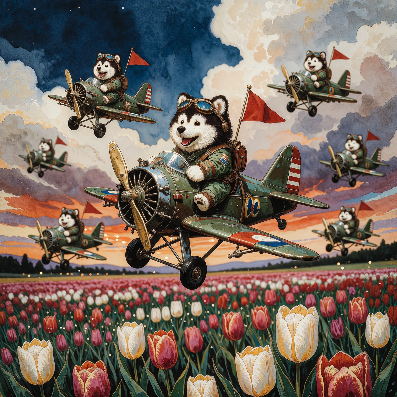 A small armada of little toy planes drift lazily above a field of tulips, each carrying a miniature happy drugged Huskiesbear dressed as pilot, a gent