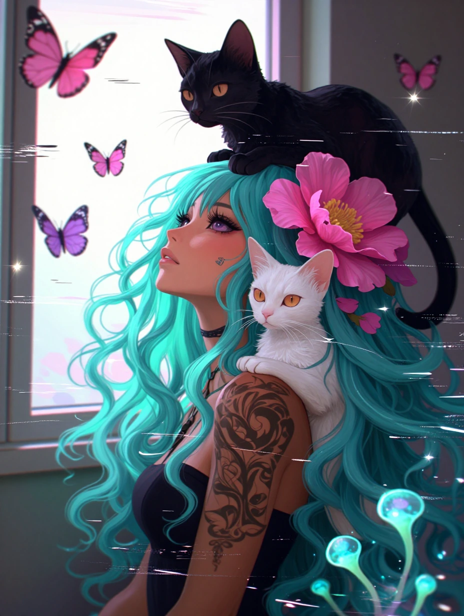 A striking illustration depicts a woman with flowing teal hair adorned with vibrant pink flowers, featuring purple eyes and warm brown skin. She wears