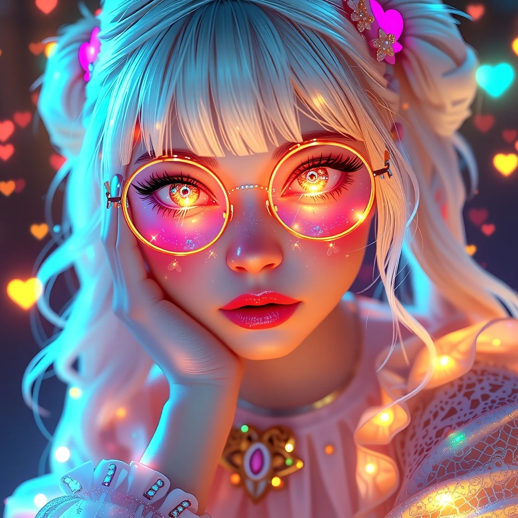 close-up,beautiful blonde girl, white hair in pigtails,with bright cosmic sparkling eyes, long eyelashes, plump lips, freckles in round glasses with rhinestones and a brooch of flowers, in a shirt with ruffles off her shoulders, openwork,golden-pearl