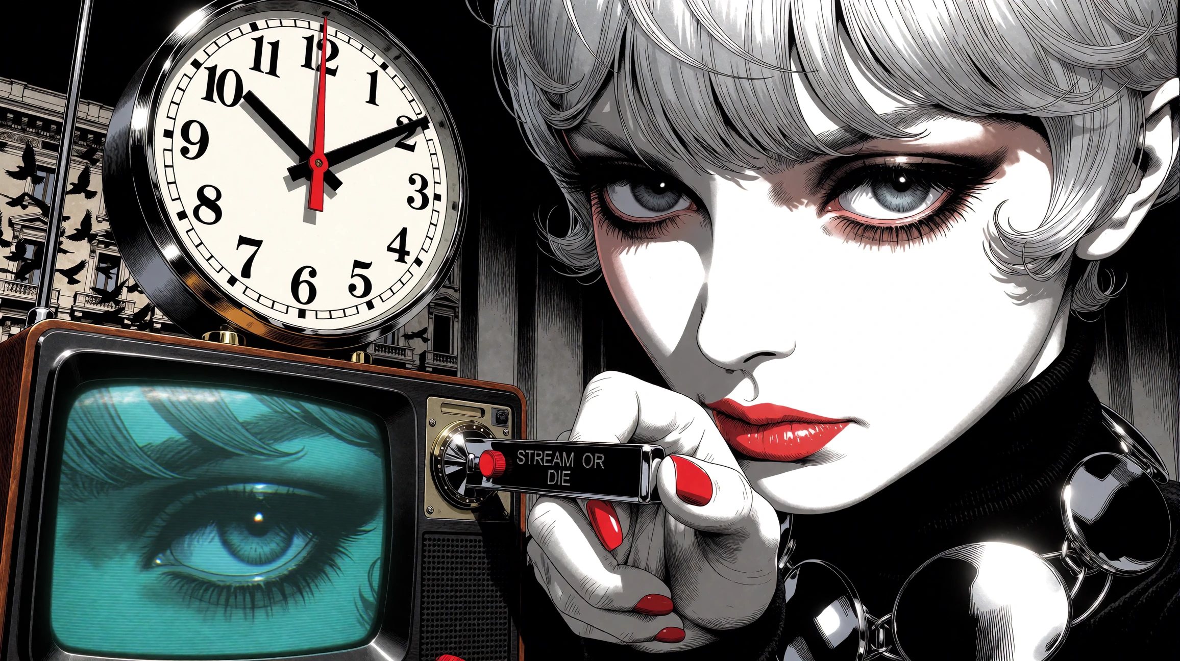 16:9 cinematic animation keyframe, Yume v6 on Mirrorize, industry splash for a highgrade avantgarde sequence. ARTSTYLE 1:1 TO MIDLIBRARY "Guido Crepax" copy the LINE, not Valentina: Italian fumetti. Art Nouveau × 1960s Milan modernism. Bold BLACK imp