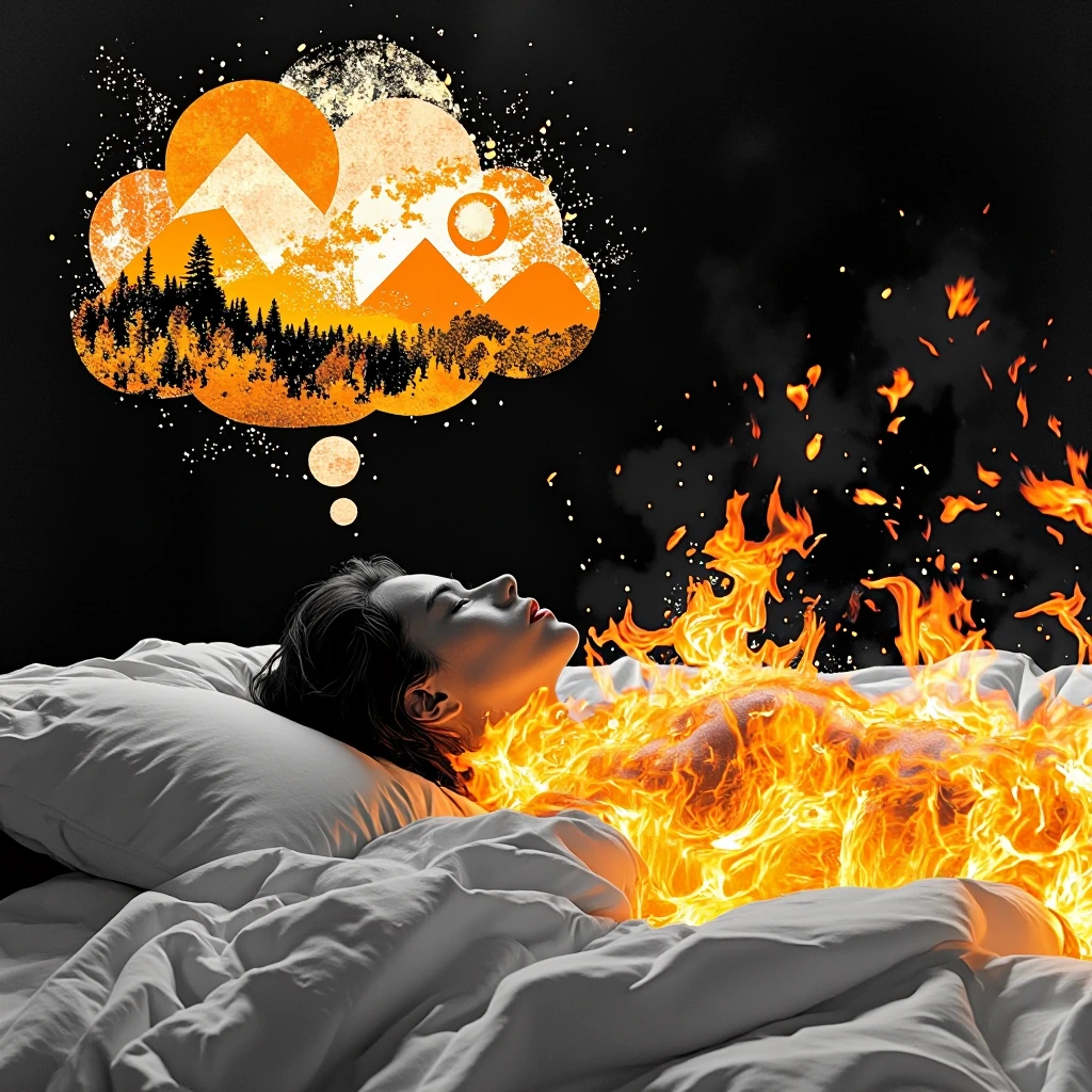 Woman composed entirely of dancing flames and embers sleeping under crisp white linen sheets, shot in stark high-contrast black and white photography with tungsten lighting that isolates the glowing orange-white heat of her form against deep shadow. 