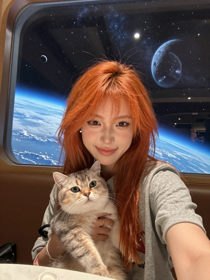 Crazy girlfriend orange hair taking a selfie with her cat from a café in space. Beautiful space scenery out the window. I hope you all have a nice day. I have an early appointment so will peek in later!👋💕🤗