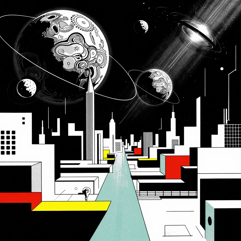 A minimalist cyberfuturistic city in a dystopian cosmos, blending Bauhaus functionalism and Dadaist absurdism. Stark, clean geometric lines, flat plan