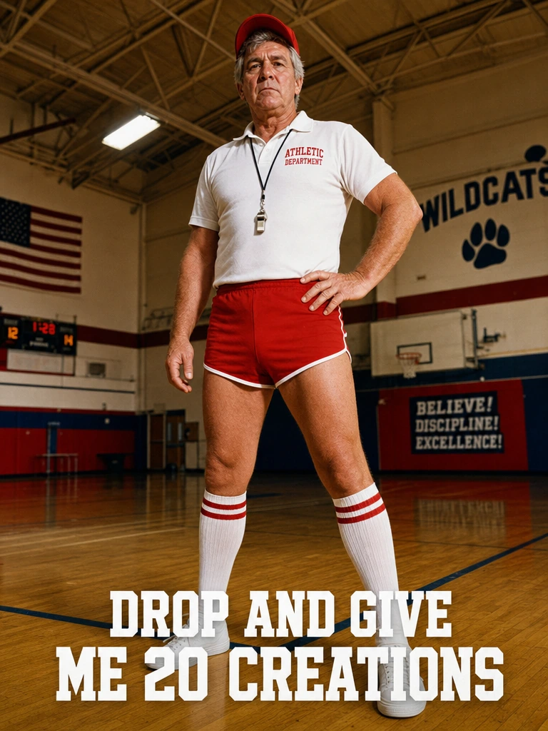 Photograph of an older male gym teacher standing confidently, wearing a white polo shirt, short red athletic shorts, and tall white tube socks pulled up toward the knees with two red stripes at the top. He wears a red baseball cap and holds a silver 