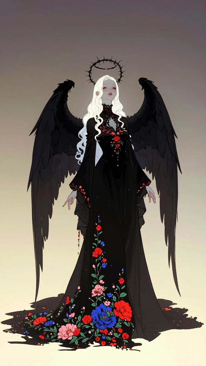 Stylized ethereal dark-angel woman with pale porcelain skin and long wavy white hair, full-body centered composition, wearing a flowing black gown with intricate vivid floral embroidery (bright reds, pinks, blues, greens) for high-contrast accents, l