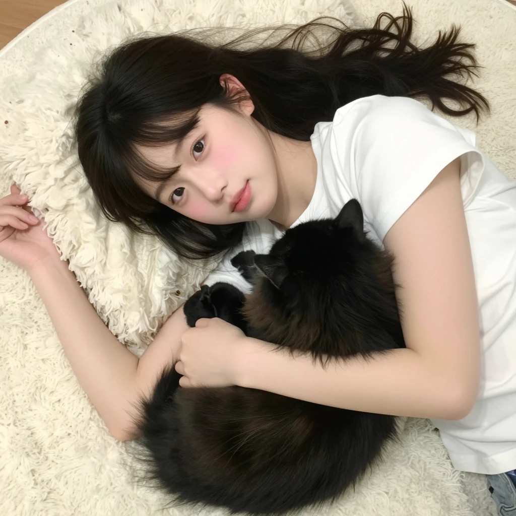 Overhead shot of a kawaii-styled girl lying on a fluffy carpet with her fluffy long-haired black cat curled up on her chest, both looking up at the camera with content expressions.