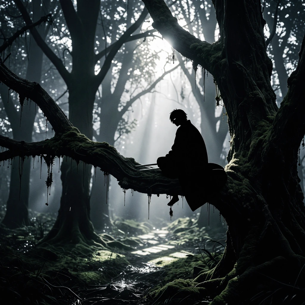 A quiet, deadly, and visually sharp scene of a shinobi-like character perched on a high, gnarled tree branch, looking down at a target through a dense