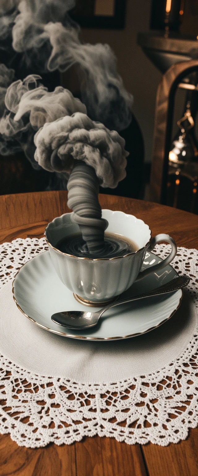 A Storm contained in a teacup. A Tornado traversing a plate. A Spoon that forks to nowhere. On a doily, made of lace and fate. This table for two, can hold many more. Should you find, you have, nowhere to go.