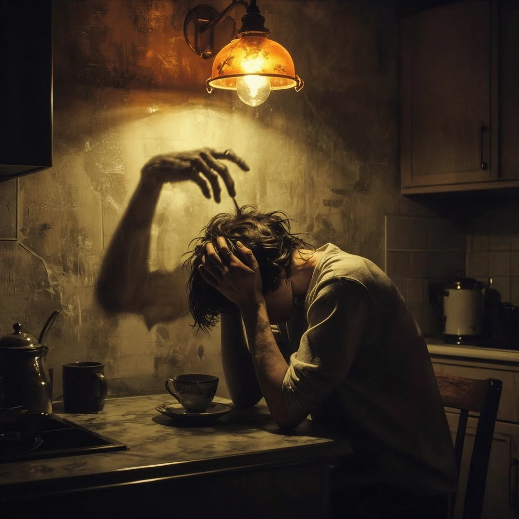 Hunched figure at a kitchen table in near-darkness, face obscured, trembling hands cradling a cold teacup. Single sickly amber overhead light casts an elongated shadow across the wall—the shadow's fingers stretch toward the neck, writhing independent