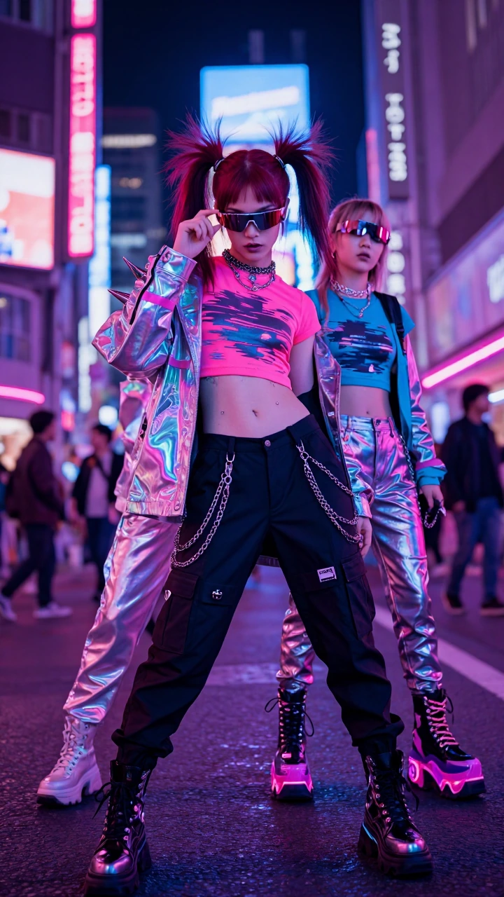 A figure with wild twin-tail hair in deep crimson and black, spiked and defiant, wearing futuristic mirror shades, standing in the middle of a bustling, neon-drenched Shibuya Crossing. Y two K fever dream aesthetic — holographic fabrics, iridescent m