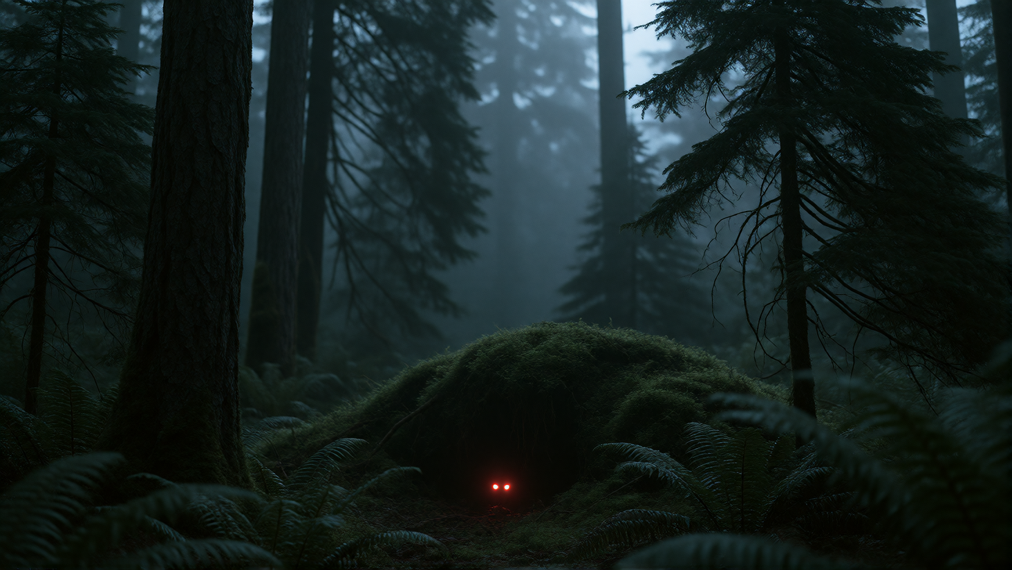 A dense Pacific Northwest evergreen forest at night. Tall Douglas fir and Sitka spruce trunks fade into thick cold fog. Ferns, needles and fallen branches cover the forest floor. In the lower center, a small low mound of damp green moss lying close t