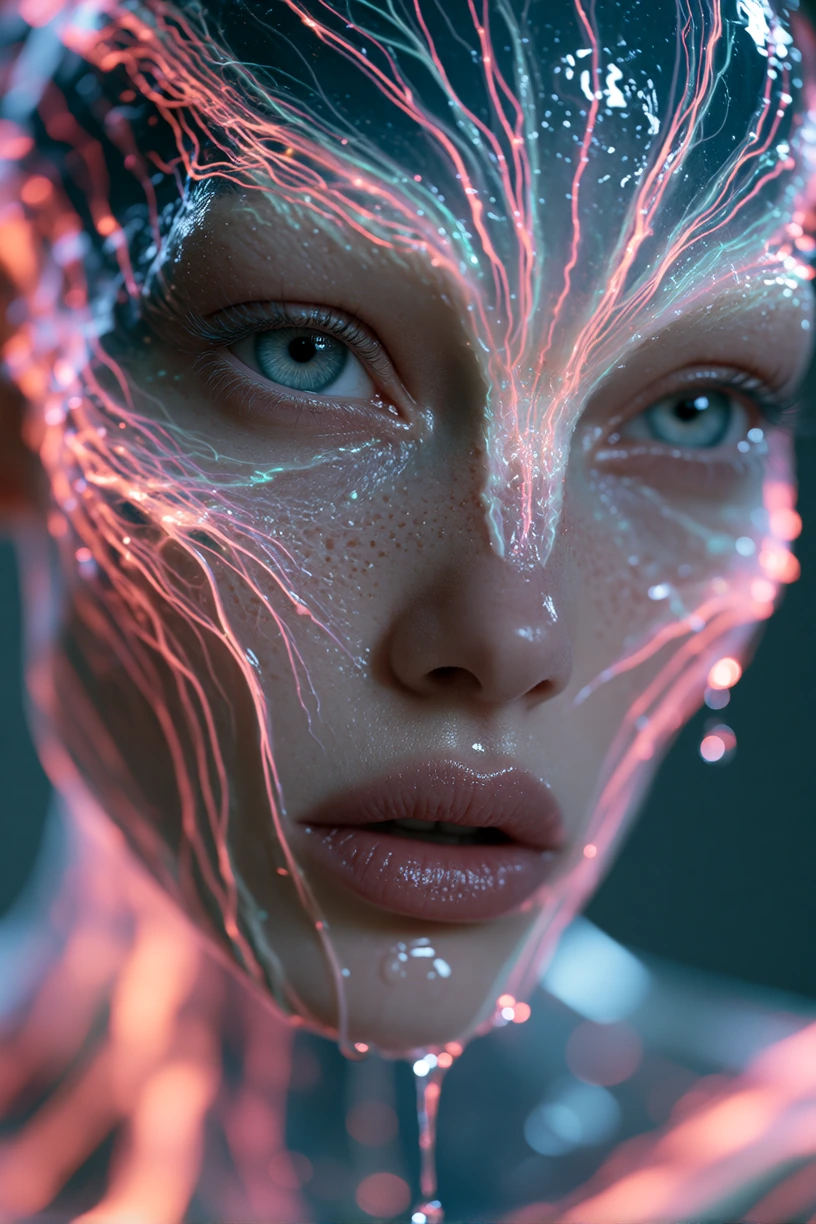 Extreme closeup portrait of an alien face emerging from liquid mercury, skin translucent and bioluminescent with faint neon veins pulsing beneath, eye
