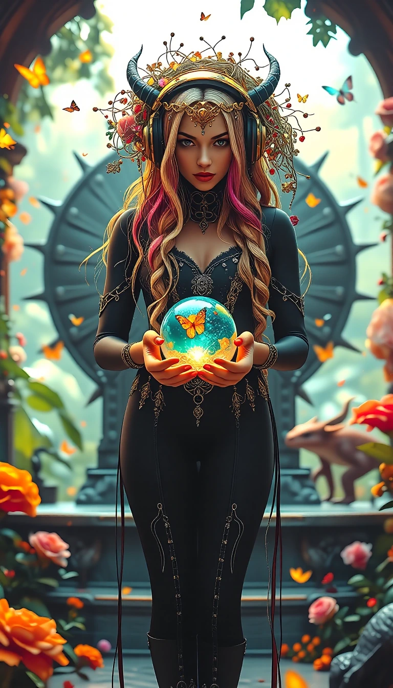41 year old (Full body) Height: 5'9" Build: Lean, sinewy, and athletic — Hair: rainbow hair, cascading in very long, soft waves that reach waist lengt