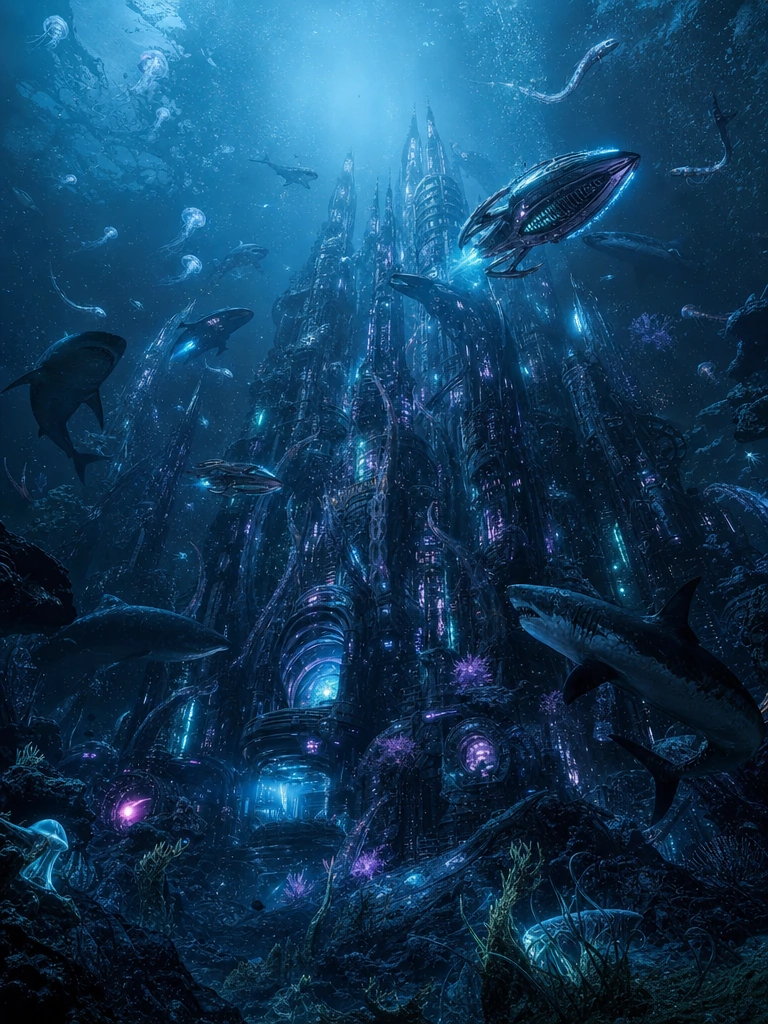 Reveal an imposing underwater alien installation anchored deep in the abyssal ocean, its architecture a collision of bioluminescent coral-like spires and dark iridescent metal plating that pulses with cold teal and violet light. Massive great white s