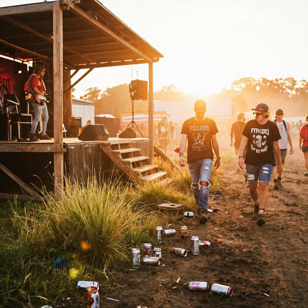 Wide shot of a muddy outdoor festival ground at golden hour with teenagers in ripped jeans and band t-shirts walking past a ramshackle wooden stage, overgrown grass and scattered beer cans, hazy warm sunlight