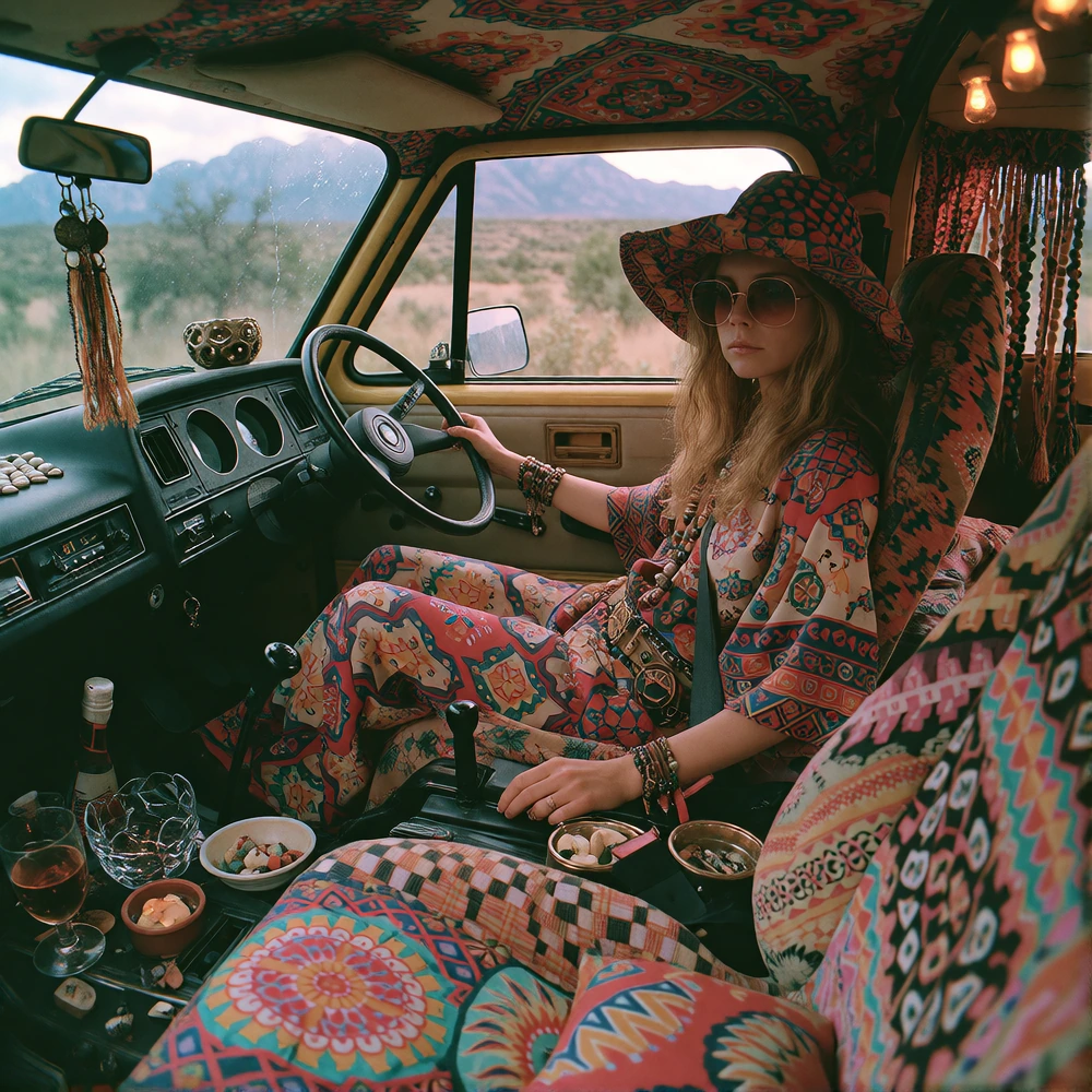 70s trippy woman in her hippie van 1970 aesthetics