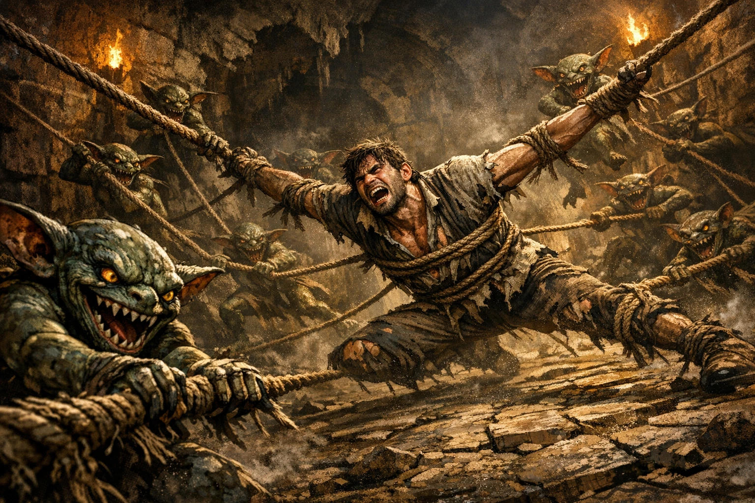 Desperate man in tattered clothes pulled apart by a chaotic swarm of mischievous gremlins, each small creature gripping thick frayed ropes bound around his wrists, ankles, and torso, leathery green-grey gremlins with oversized ears and glinting amber