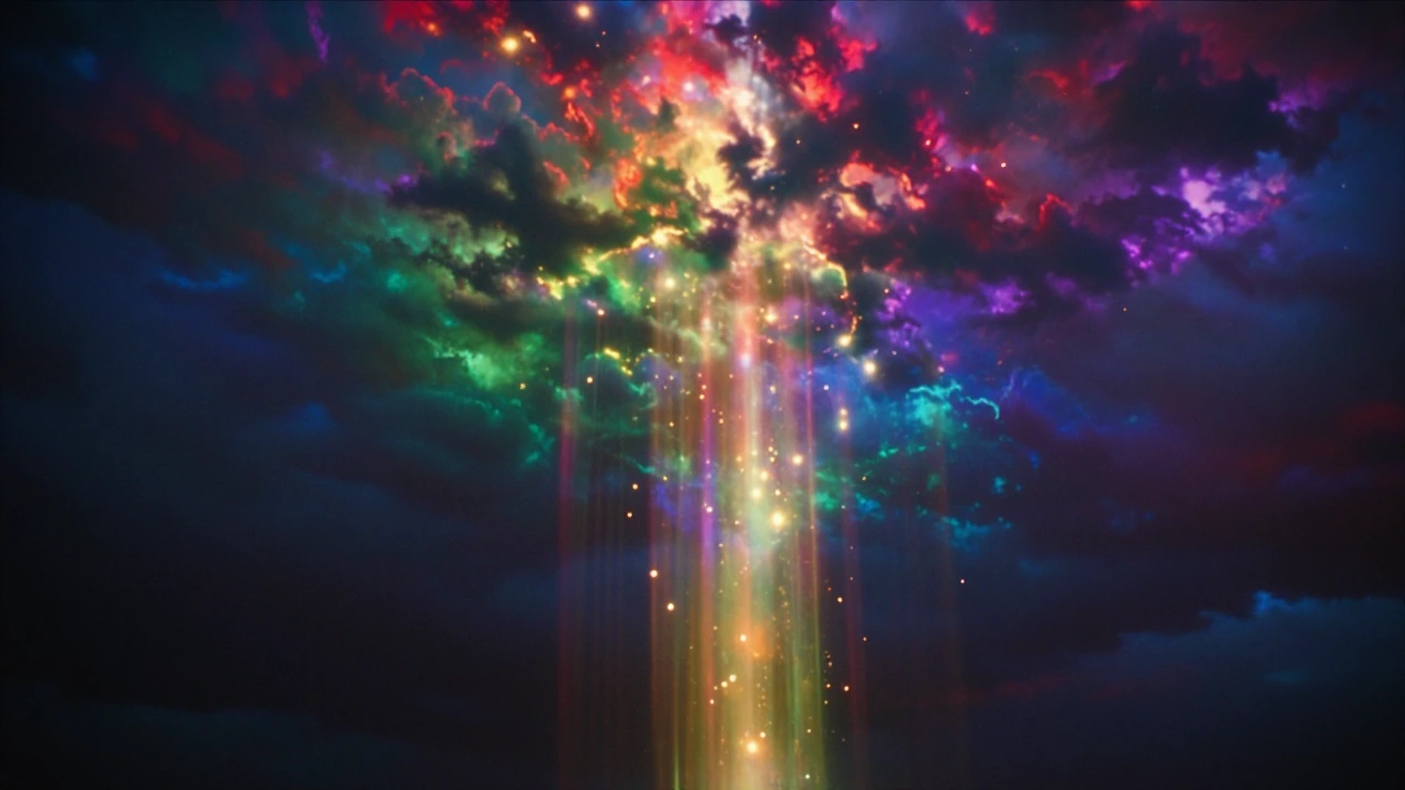 radiant burst of light breaking through dark clouds, ethereal and transcendent, rich jewel tones — deep purples, emerald greens, and sapphire blues blending with golden rays, volumetric god-light cascading downward with iridescent shimmer, cinematic 