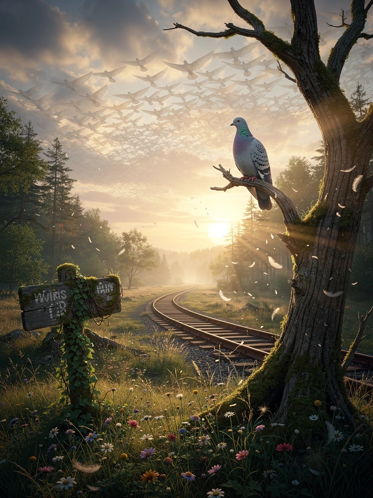 A solitary passenger pigeon rests on the final branch of an ancient tree at the edge of a forgotten forest during the golden light of sunset. The bird gazes toward a vast sky where thousands of translucent, ghostly silhouettes of passenger pigeons so