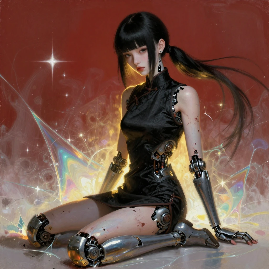 masterpiece, best quality, absurdres, very aesthetic, semi-realistic illustration, painterly digital art, cinematic lighting, 1girl solo, sitting pose