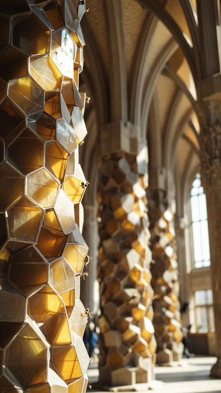 Gothic cathedral constructed entirely of honeycomb—hexagonal chambers stacked and fused into towering vaults, ribbed arches, and flying buttresses all in burnished gold and translucent amber. Sunlight streams through thin wax walls, casting honeycomb