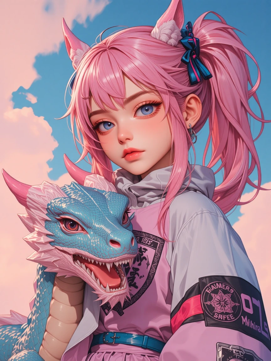 Kawaii girl pink hair with a dragon